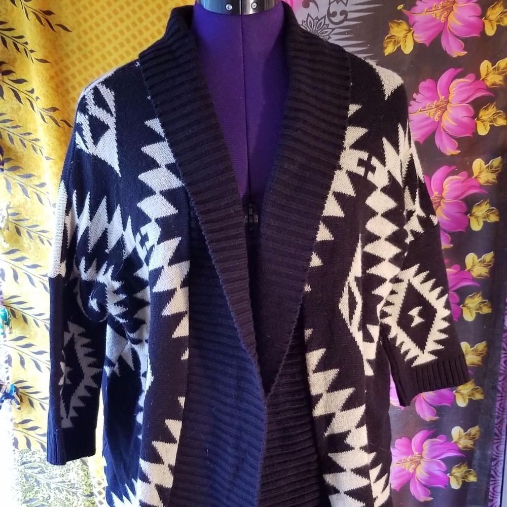 Slouchy, Tribal Print Black and Tan Cardigan